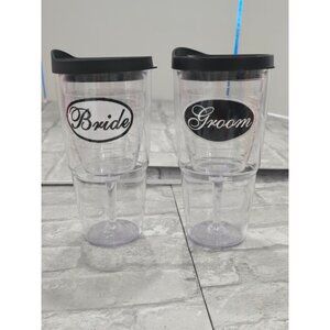 Set of 24oz Bride Groom Tervis Wedding‎ Clear Tumblers Black White Wine Goblets